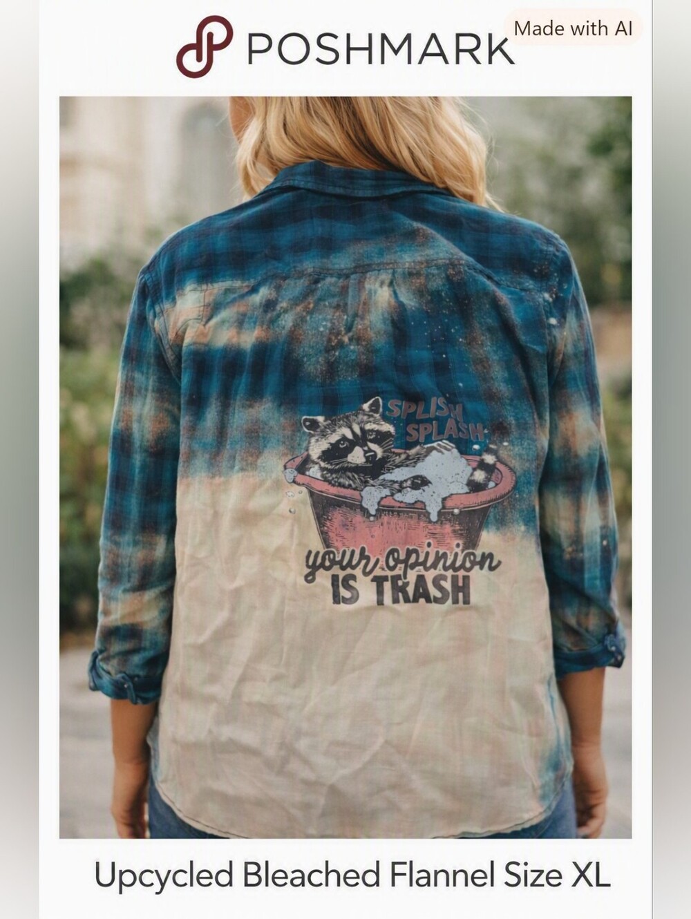 Upcycled Bleached Flannel XL Raccoon Graphic Shirt | Funny Trash Quote Boho 0057